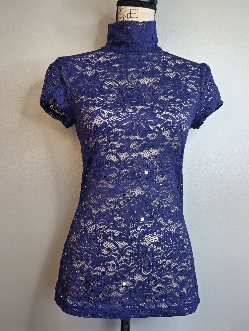 Y2k Royal Blue Lace High-Neck Short Sleeve Top Sz Small